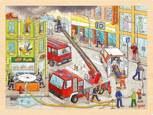 goki 57336 - Einlegepuzzle Feuerwehreinsatz für Kinder – Fördert Fantasie und Feinmotorik, Feuerwehr und Krankenwagen, 40cm x 30cm, 96-er Set, ab 3 Jahre von goki