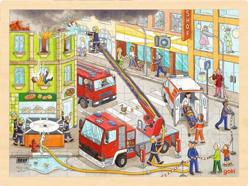 goki 57336 - Einlegepuzzle Feuerwehreinsatz für Kinder – Fördert Fantasie und Feinmotorik, Feuerwehr und Krankenwagen, 40cm x 30cm, 96-er Set, ab 3 Jahre von goki