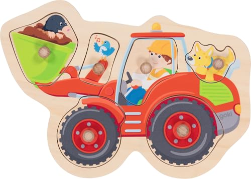 goki 57345 - Steckpuzzle Schauffelbagger aus Holz, Greifpuzzle mit niedlichem Bagger-Motiv und Tieren, Förderung Motorik und Hand-Augen-Koordination, 6er Set, 28cm x19cm, ab 1 Jahr von goki