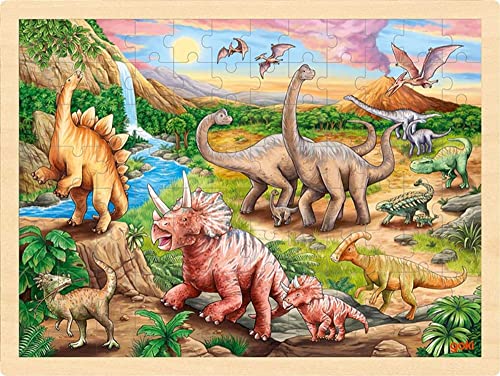 goki 57348 - Einlegepuzzle Dinosaurierwanderung - 96 Teile aus Holz - buntes Farbdesign mit detailreichem Dinosaurier Motv von goki