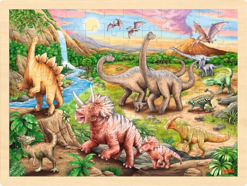 goki 57348 - Einlegepuzzle Dinosaurierwanderung - 96 Teile aus Holz - buntes Farbdesign mit detailreichem Dinosaurier Motv von goki