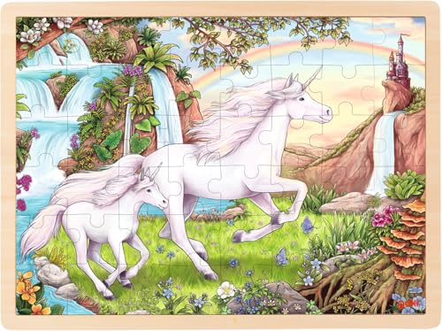 goki 57366 - Einlegepuzzle Einhorn aus Holz, Holzpuzzle mit Pferden in idylischer Landschaft, Lernspielzeug und Kinderpuzzle, fördert Fantasie und Motorik der Kinder, 40cm x 30cm, 48er Set, ab 3 Jahre von goki