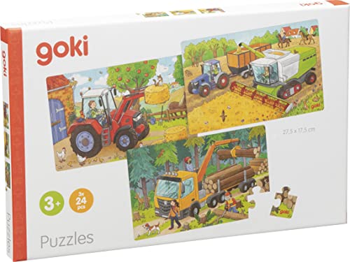 goki 57380 - Puzzles Fahrzeuge aus Holz - 3 Verschiedene Motive mit Fahrzeugen vom Bauernhof und aus dem Wald von goki