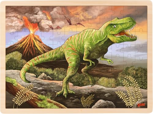 goki 57389 Einlegepuzzle T-Rex aus Holz, Holzpuzzle mit Dino und Vulkan, Lernspielzeug und Kinderpuzzle, fördert Fantasie und Motorik der Kinder, 40cm x 30cm, 96er Set, ab 3 Jahre von goki