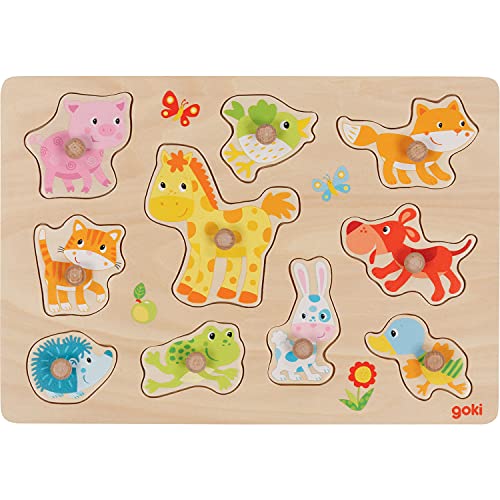 goki 57393 - Steckpuzzle Tierkinder aus Holz - 10 Teile von goki