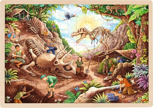 goki 57395 - Einlegepuzzle Ausgrabung Dinosaurier aus Holz, Holzpuzzle mit Dino-Skeletten, Lernspielzeug und Kinderpuzzle, fördert Fantasie und Motorik der Kinder, 46cm x 30cm, 192er Set, ab 4 Jahre von goki