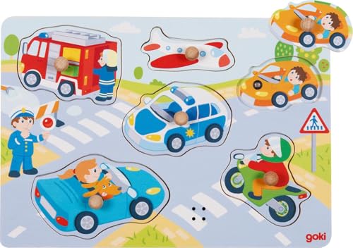 goki 57399 – Steckpuzzle Verkehr, Klangpuzzle mit Fahrzeuggeräuschen - 6 Teile - Soundpuzzle aus Holz von goki