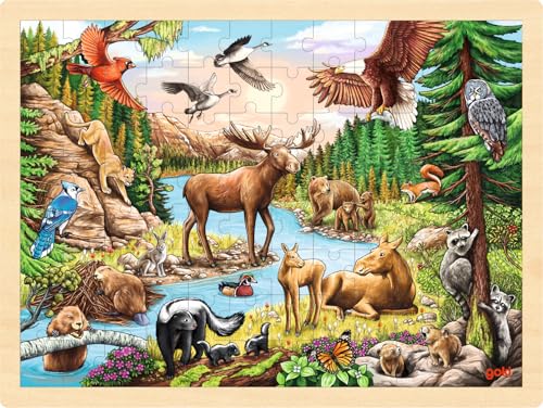 goki 57409 - Einlegepuzzle Nordamerikanische Wildnis aus Holz, Holzpuzzle mit Tiermotiv, Lernspielzeug und Kinderpuzzle, fördert Fantasie und Motorik der Kinder, 40cm x 30cm, 96er Set, ab 3 Jahre von goki