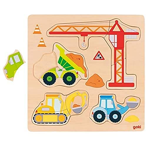 goki 57439 - Einlegepuzzle Baufahrzeuge aus Holz - 4 Motive, 12 Teile von goki