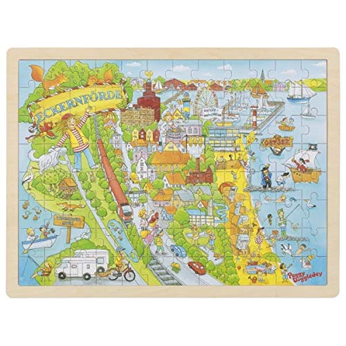 goki 57469 Einlegepuzzle Peggy in Eckernförde aus Holz, Holzpuzzle Einer Stadt, Lernspielzeug und Kinderpuzzle, fördert Fantasie und Motorik der Kinder, 40cm x 30cm, 96er Set, ab 3 Jahre von goki