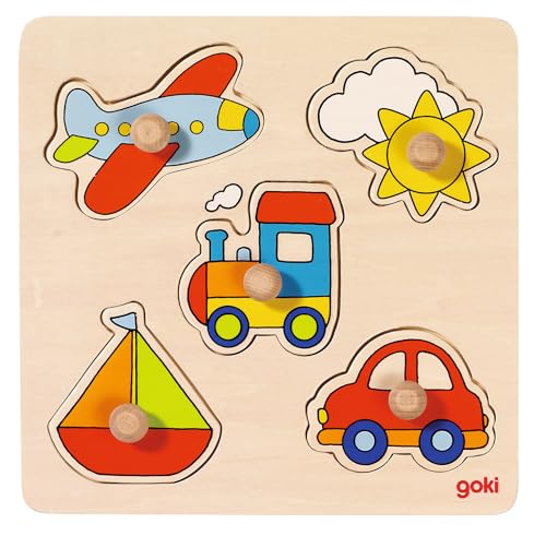 Goki 57547 Steckpuzzle Meine Reise aus Holz, kinderfreundliche Motive wie Sonne, Auto, Traktor, Flugzeug, Schiff – Großknopf-Puzzle und Lernspiel für Kinder, 5-er Set, ab 1 Jahr, 21cm x 21cm von goki