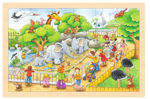 Goki 57808 Zoo Einlegepuzzle Zoobesuch aus Holz, Holzpuzzle mit Zootieren als Motiv, Lernspielzeug und Kinderpuzzle, fördert Fantasie und Motorik der Kinder, 30cm x 20cm, 24er Set, ab 3 Jahre von goki