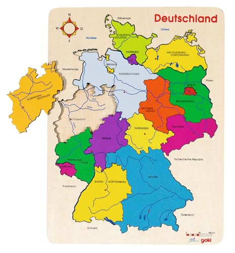 goki 57860 Einlegepuzzle Deutschland II aus Holz, Holzpuzzle mit allen Bundesländern, Lernspielzeug und Kinderpuzzle, fördert Fantasie und Motorik, 30cm x 40cm, 16er Set, ab 4 Jahre von goki