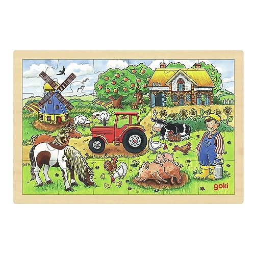 Goki 57891 Einlegepuzzle Müllers Farm aus Holz, Holzpuzzle mit Bauernhofmotiv, Lernspielzeug und Kinderpuzzle, fördert Fantasie und Motorik der Kinder, 30cm x 20cm, 24er Set, ab 3 Jahre von goki