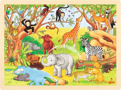 Goki 57892 Einlegepuzzle Afrika aus Holz, Holzpuzzle mit Wilden Tiermotiven der Savanne, Lernspielzeug und Kinderpuzzle, fördert Fantasie und Motorik der Kinder, 40cm x 30cm, 48er Set, ab 3 Jahren von goki