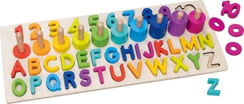 goki 58357 - Alphanumerisches Puzzle - aus robustem Holz - 91 Teile - Zahlen von 0 bis 10, Buchstaben von A bis Z | ABC Alphabet Puzzle | Zahlen Puzzle von goki