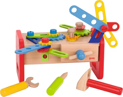 goki 58501 - Werkbank aus Holz & Kunststoff, Holzspielset für Heimwerker inkl. Hammer, Schrauben, Dreher und vieles mehr, fördert Feinmotorik und Fantasie der Kinder, 36er Set, ab 3 Jahre von goki