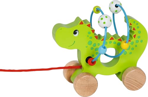 goki 59975 - Ziehtier Drache mit Motorikschleife aus Holz, Nachzieh-Spielzeug mit Tiermotiv, Lernspielzeug inkl. Schnur, Babyspielzeug fördert Koordination und Motorik, 14cm x 8cm x 12cm, ab 1 Jahr von goki