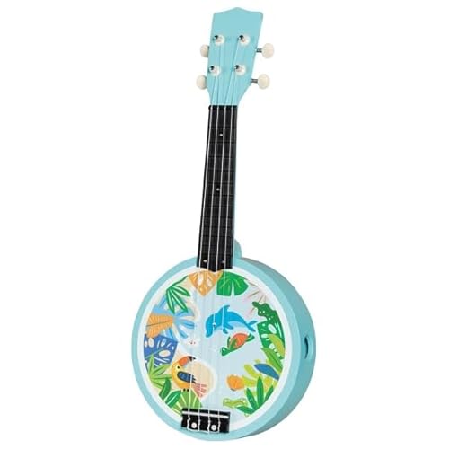 goki 61870 - Banjo aus Holz und Kunststoff, Musikinstrument mit Tiermotiven, fördert musikalisches Interesse und Motorik der Kinder, inkl. Plektrum & Ersatzsaiten, 4er Set, ab 5 Jahre von goki