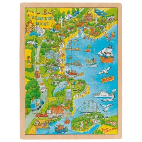 goki 57466 Einlegepuzzle Peggy in der Lübecker Bucht aus Holz, Holzpuzzle Einer Stadt, Lernspielzeug und Kinderpuzzle, fördert Fantasie und Motorik der Kinder, 40cm x 30cm, 96er Set, ab 3 Jahre von goki