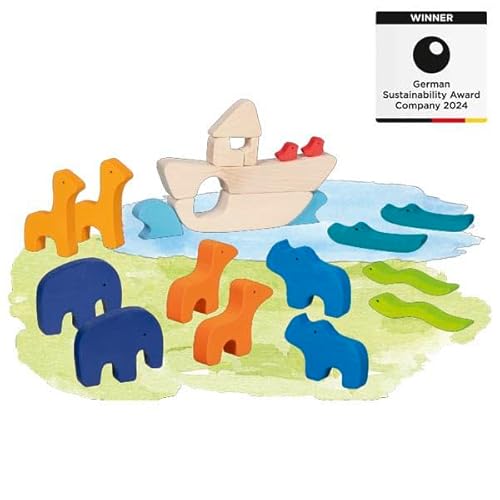 goki Evolution 51454 - Arche Noah aus Holz, Holzspielset mit Farben auf Wasserbasis, fördert Motorik und Kreativität bei Vorschulkindern, Made in Europe, 21cm x 3cm x 16cm, 21er Set, ab 5 Jahre von goki