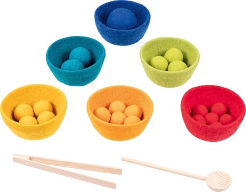 goki Evolution 58342 - Farbsortierspiel Sorterino für Kinder aus Wollfilz – Pädagogisches Lernspiel mit 6 Schalen und Bällen aus Wollfilz – Farben und Größen sortieren, 29-er Set, ab 3 Jahre von goki