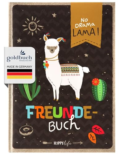 goldbuch 43581 Freundebuch HAPPYlife Lama DIN A5, zum Ausfüllen, Erinnerungsbuch an Freunde, Notizbuch mit 88 illustrierte Seiten, Einband mit Kunstdruck, ca. 15 x 21 x 1,5 cm von goldbuch