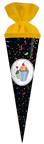 goldbuch 93 214 Party Schultüte mit Konfetti als Motiv, Länge 35 cm, Durchmesser 11,5 cm, Zuckertüte für Jungen und Mädchen, Geschenktüte aus Lackkarton mit Filzverschluss, Schwarz von goldbuch