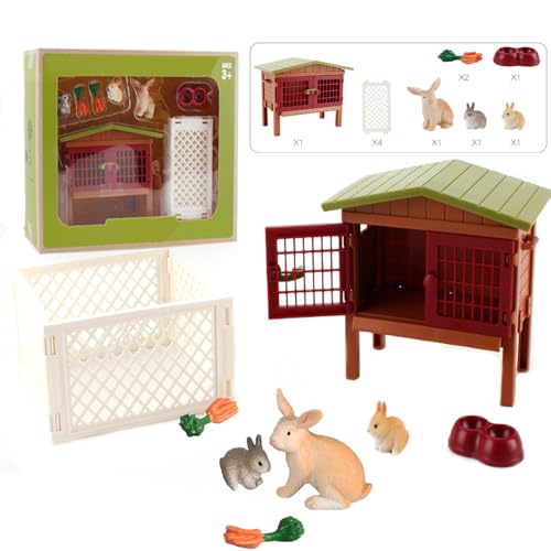 gotyou Farm World Kaninchenstall, 11Teile Spielset mit 3 Kaninchen Tierfiguren, Stall und Zubehör,kaninchenstall, Spielzeug für Kinder ab 3 Jahren von gotyou