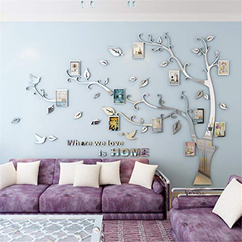 Wandtattoo Baum 3D DIY Wandaufkleber Family Stammbaum Fotowand Baum Wandtattoo Wall Sticker mit Bilderrahmen Foto Wandsticker Wanddeko Deko Wohnzimmer Schlafzimmer (Silber Links,XL) von guangmu