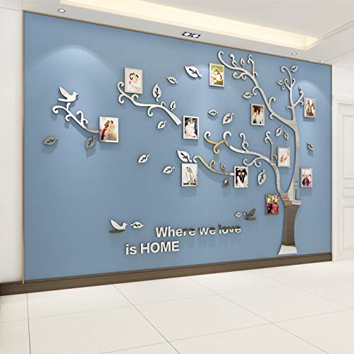 Wandtattoo Baum 3D DIY Wandaufkleber Family Stammbaum Fotowand Baum Wandtattoo Wall Sticker mit Bilderrahmen Foto Wandsticker Wanddeko Deko Wohnzimmer Schlafzimmer (Silber Links,XXL) von guangmu