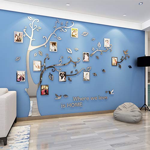 Wandtattoo Baum 3D DIY Wandaufkleber Family Stammbaum Fotowand Baum Wandtattoo Wall Sticker mit Bilderrahmen Foto Wandsticker Wanddeko Deko Wohnzimmer Schlafzimmer (Silber Rechts,XL) von guangmu