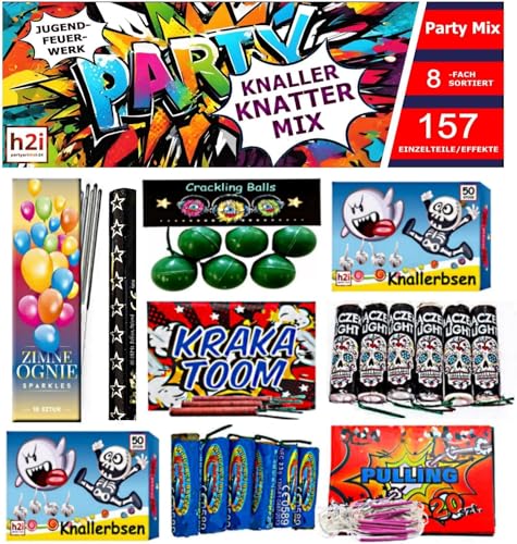 h2i Knaller Knatter Premium Mix | 157 Teile | 8fach Sortiert & handverlesen| Partyspaß für Klein & Groß I für Silvester Halloween & Partys | Kinder & Jugendfeuerwerk | e | Ganzjahresfeuerwerk Kat. F1 von h2i