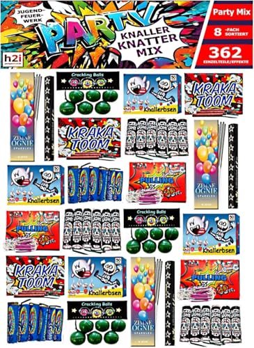 h2i Knaller Knatter Premium Mix | 362 Teile | 8fach Sortiert & handverlesen| Partyspaß für Klein & Groß I für Silvester Halloween & Partys | Kinder & Jugendfeuerwerk | l | Ganzjahresfeuerwerk Kat. F1 von h2i