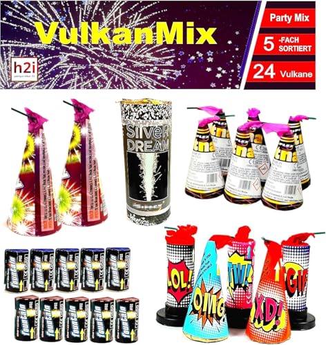 h2i Vulkan Mix | 24 St. | 5fach Sortiert | Outdoor Vulkan Mix für Silvester, Halloween & Partys | Kinder & Jugendfeuerwerk | d | Ganzjahresfeuerwerk Kat 1 von h2i