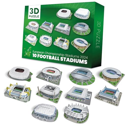 Habarri - 3D Puzzle Set - 10 x Mini Fußballstadion - Fußball Fanartikel - EM Fussball 2024 Gadgets - Modellbau - Puzzle für Kinder und Erwachsene - Modellbausatz - Fussball Geschenke Jungen - 218 Stk. von habarri