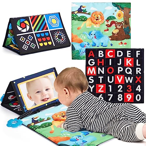 Baby Spiegel Spielzeug 0-6 Monate Tummy Time Mat mit Beißring, Kleinkind Spielzeug schwarz und weiß Crinkle Spielzeug faltbare Baby Tuch Buch Gehirn Entwicklung Spielzeug für Neugeborene 0 3 6 Monate von hahaland