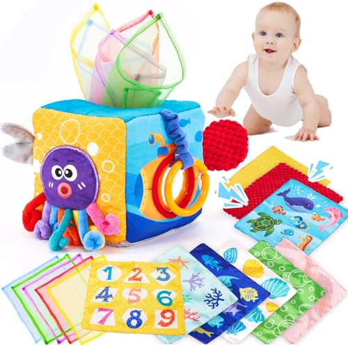 hahaland Baby Spielzeug 6 Monate Tissue Box Montessori Toy 6-12 Monate Sensorik Spielzeug Baby,Stofftücher Kontrastreiche Farben Lernen Sensorische Spielzeug für Babys Jungen Mädchen Geschenke von hahaland