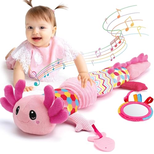 Hahaland Baby Spielzeug 0-6 Monate - Musikalischer Axolotl Plüsch mit Rassel, Beißring, Spiegel, Quietsche, Knitter Baby Mädchen Geschenke, Tummy Time, Montessori, Sensorisches Spielzeug für Babys von hahaland