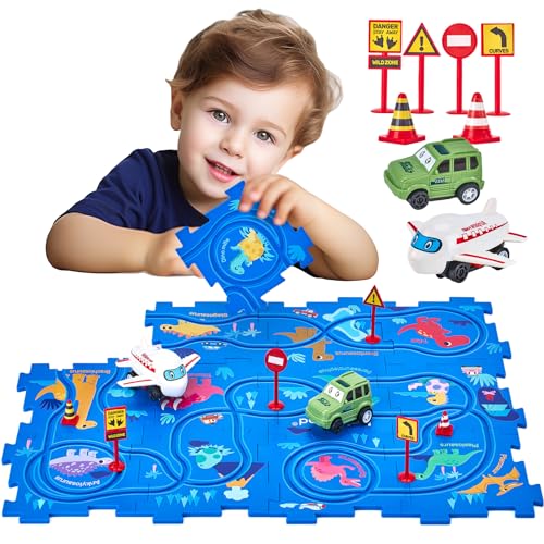 Puzzle Racer Kinder Autorennbahn - Spielzeug Dinosaurier Puzzle Track Auto PlaySet für Kinder 3 Jahre Junge Spielzeug mit Auto & Flugzeug Kinder Lernspielzeug Geburtstag Geschenk von hahaland