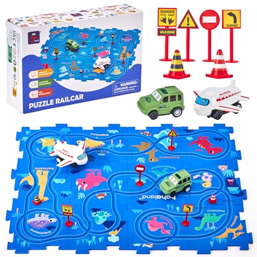 hahaland Auto Spielzeug Autorennbahn 12 PCS DIY Dinosaurier Puzzle Bahn Spielzeug ab 2-6 Jahre, Autobahn Kinder Montessori Spielzeugauto,Toy Track Kinderspielzeug ab 2 3 4 5 6 Jahre Junge Mädchen von hahaland