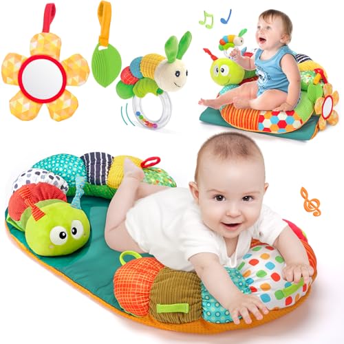 hahaland Baby Spielzeug 3 6 9 12 Monate,3 in 1 Abnehmbar Raupe für Baby Bauchlage Helfen Sitzen Stützen,Tummy Time Toys Spielkissen mit Rassel, Beißring, Spiegel für Babyspielzeug ab 0-6-12 Monate von hahaland