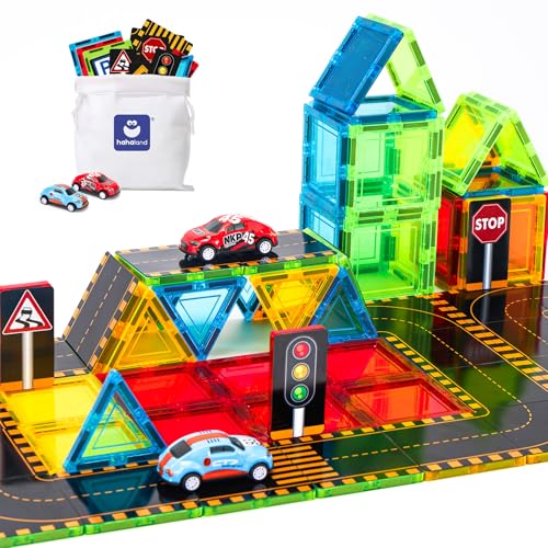 hahaland Magnetische Bausteine 64 PCS Teiliges Straßenaufsatz-Set, Magnet Bausteine mit Auto Spielzeug für 3 Jahre Kinder, Magnetbausteine Geschenke für ab 3 4 5 6 7 Jahre Junge Mädchen von hahaland