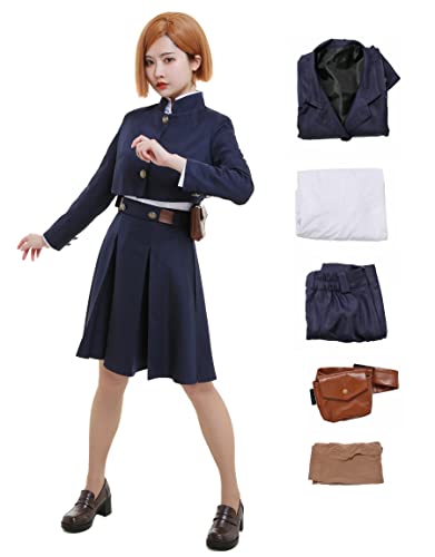 Haikyuu Damen Nobara Kugisaki Cosplay Kostüm Stehkragen Uniform Outfit mit Tasche Gürtel Strumpfhose (blau, X-Large) von haikyuu