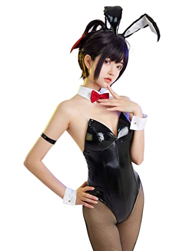 Haiyuu Damen-Body aus schwarzem PU-Leder, einteilig, Cosplay-Kostüm mit Schleife, Knoten, Bindearm-Ringe, Strümpfe für Halloween, Comic-Con, groß von haikyuu