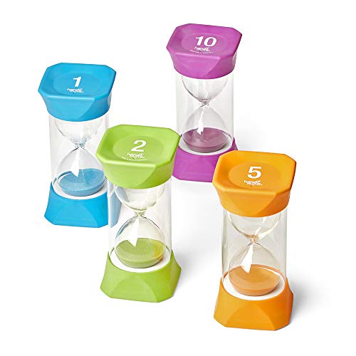 Learning Resources Jumbo-Sanduhr-Paket 1, 2, 5 und 10 Minuten Sanduhr, typische Sanduhr-Form mit weicher Endkappe aus Gummi, Klassenzimmer-Sanduhren für Kinder, Spiele-Timer (4er-Set) von hand2mind