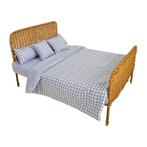 harayaa 1/6 Puppenhaus-Bett, Fotografie-Requisite, Rattan-Bett, handgefertigt, DIY-Accessoires, Puppenhaus-Rattan-Bett für Lebensszenen-Layout, Blau Kariert von harayaa