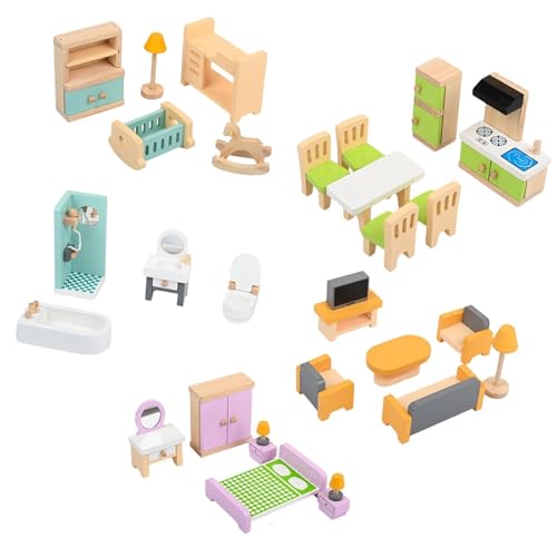 harayaa 27 Teiliges Couchtisch Puppenhaus Möbelset Aus Holz, Foto Requisiten, Kindergeschenk, Miniatur Holzmöbel für Badezimmer Und Küche von harayaa