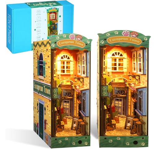 hatisan DIY Book Nook Kit 3D Holzpuzzle DlY Miniaturhaus Kit Basteln Hobbys Geschenke für Buch Nook Regal Einsatz Dekoration Buchstütze Bücherregal Dolhouse für Erwachsene mit Licht (Cat Street) von hatisan