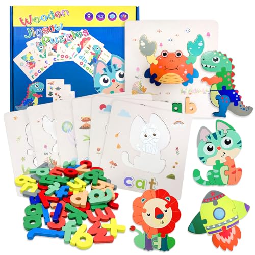 Montessori Puzzle Spielzeug, Buchstaben Lernen ab 4 steckpuzzle Lernspiele, holzpuzzle Kinder Buchstaben Spiel, lernspielzeug Form und Farberkennung, Puzzle ab 2 Jahre (Bilder Worte) von hautllaif
